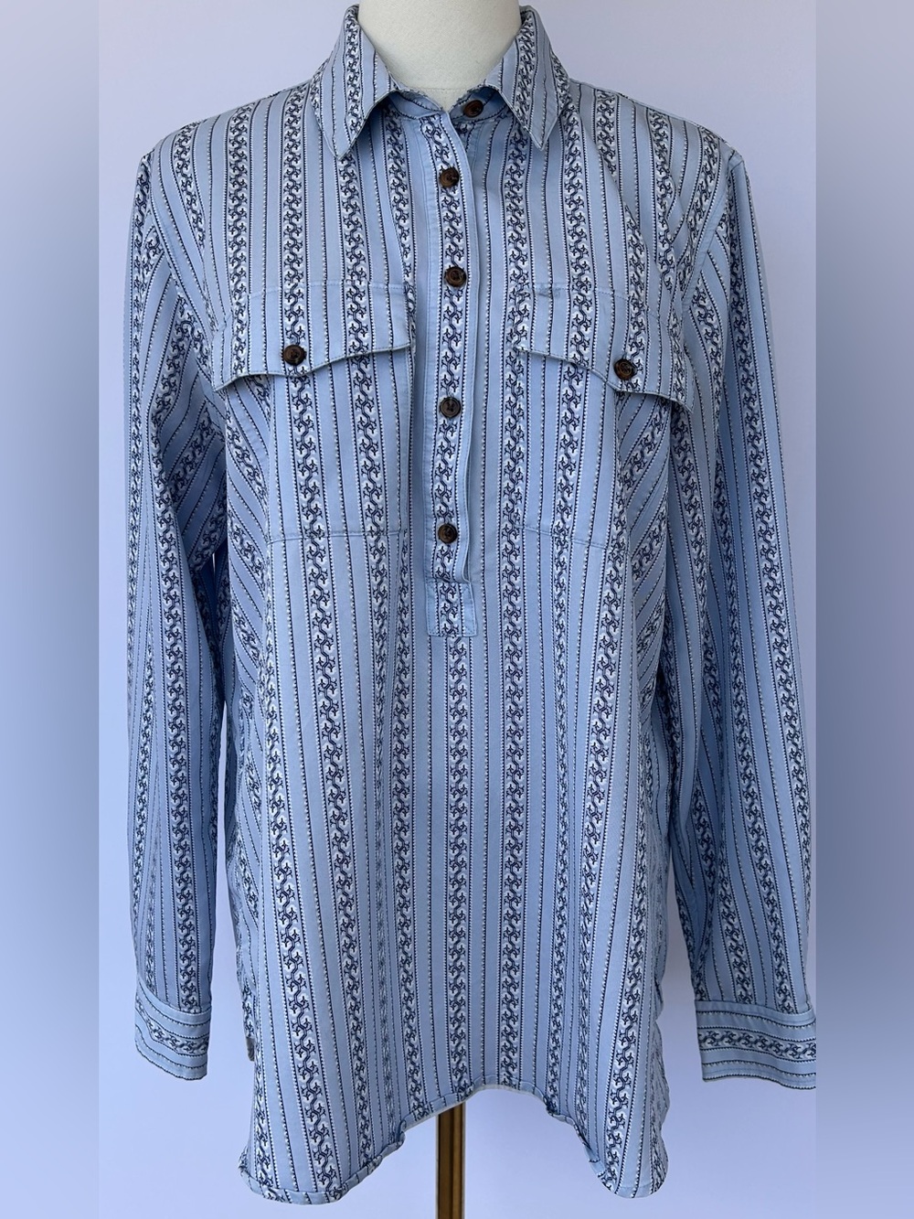 Lands’ End Women’s Blue Striped Popover Shirt  Long Sleeve Size Large 14-16